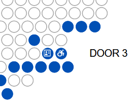 Venue seating map showing blue circles with a companion card symbol and a wheelchair symbol to indicate that those are the seats to book for wheelchair or companion card seating. 